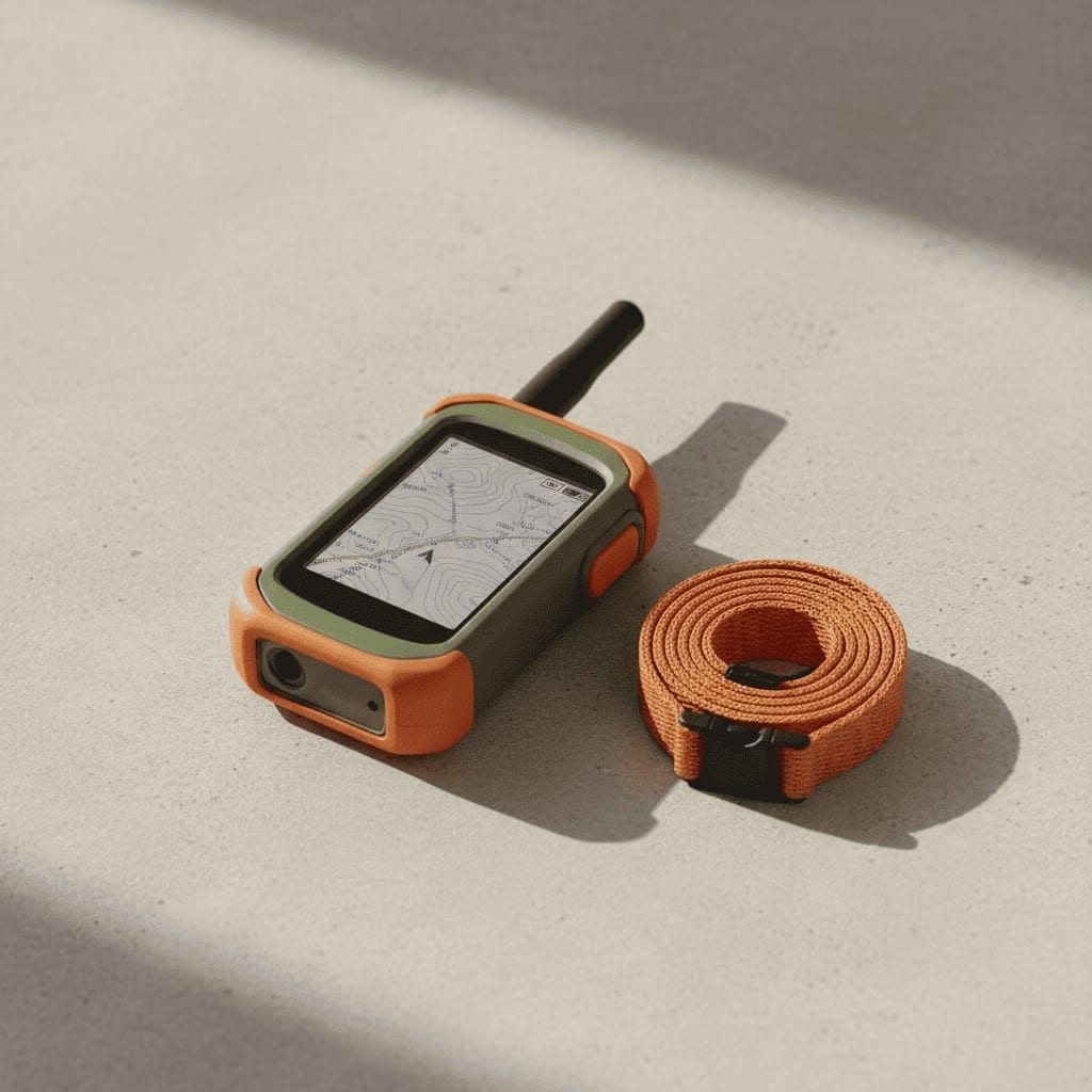 Håndholdt GPS med antenne og topografisk kort på skærmen ved siden af en sammenrullet orange bærerem