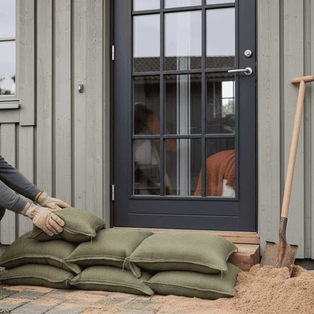 Person med arbejdshandsker lægger grønne sandsække foran en hoveddør, med spade og en bunke sand ved siden af