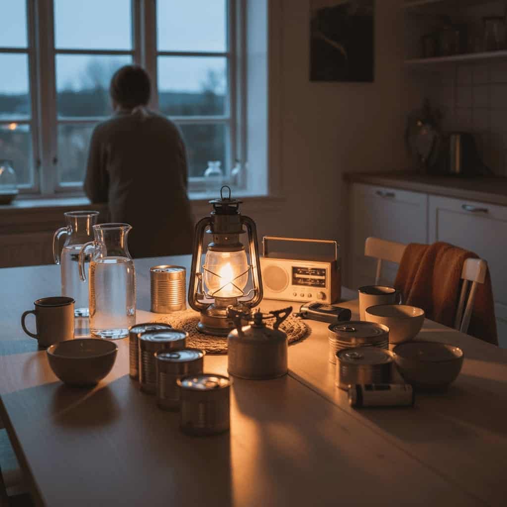 Køkkenbord i tusmørke oplyst af en olielampe, med dåsemad, vandkander, radio og et lille gasblus