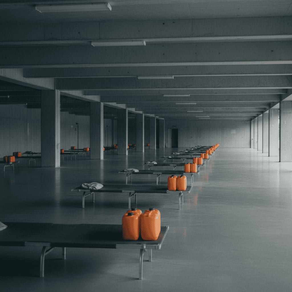 Stor betonhal med lange rækker af feltsenge og orange vanddunke under lysstofrør