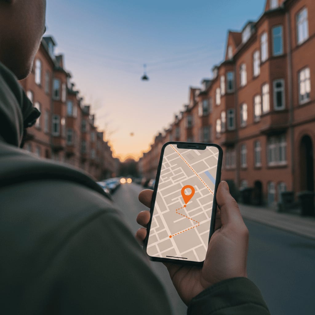 Person på en gade med røde murstensboliger holder en mobil med et kort og en markeret rute