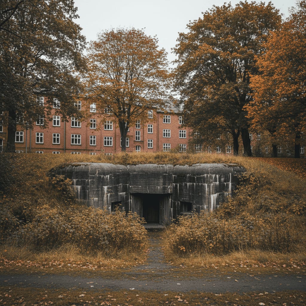 Græsdækket betonbunker i en park med efterårstræer foran en rød murstensboligblok