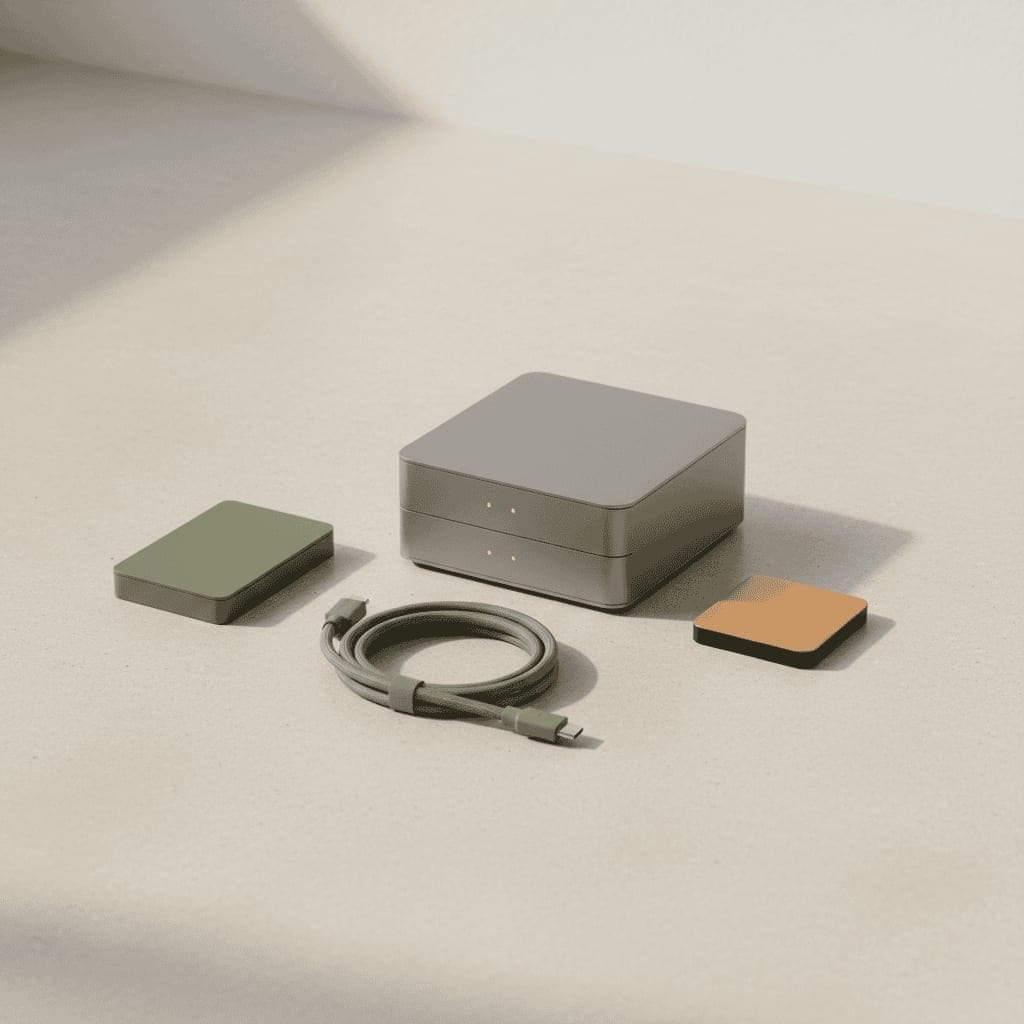 NAS-server, ekstern SSD og ekstern harddisk med kabel samlet på et lyst bord