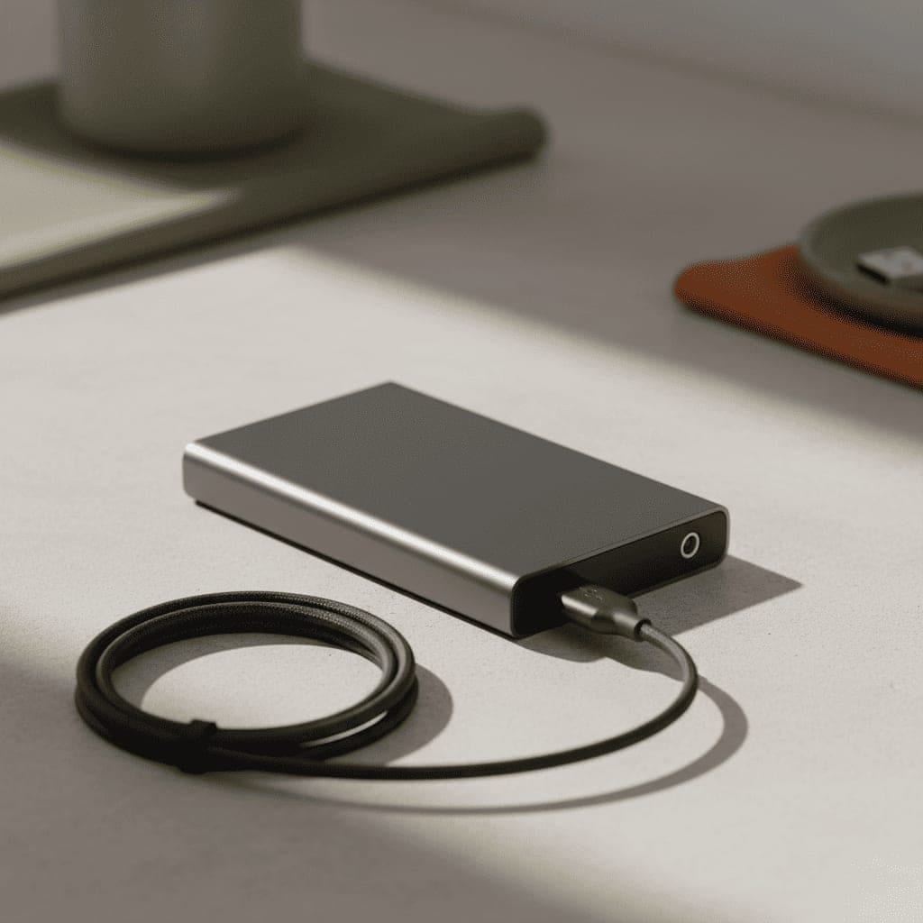 Ekstern harddisk i grå metal med et sort USB-kabel på et lyst bord