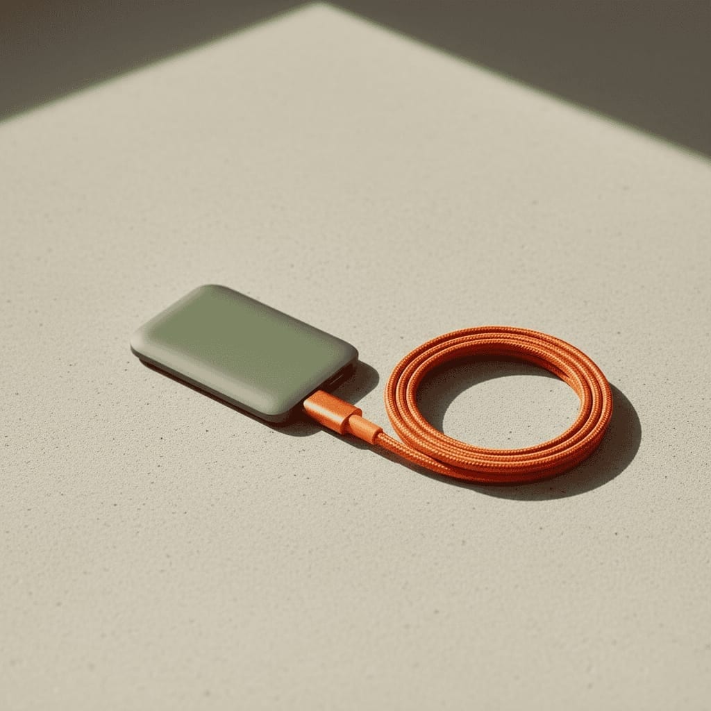 Lille olivengrøn ekstern SSD med et orange kabel på en lys overflade