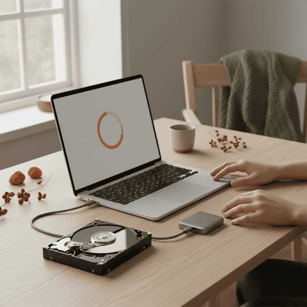 Person ved en bærbar computer med en åben harddisk liggende ved siden af på bordet