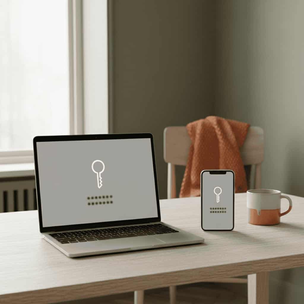 Bærbar computer og mobiltelefon med en nøgle og skjulte adgangskoder på skærmen