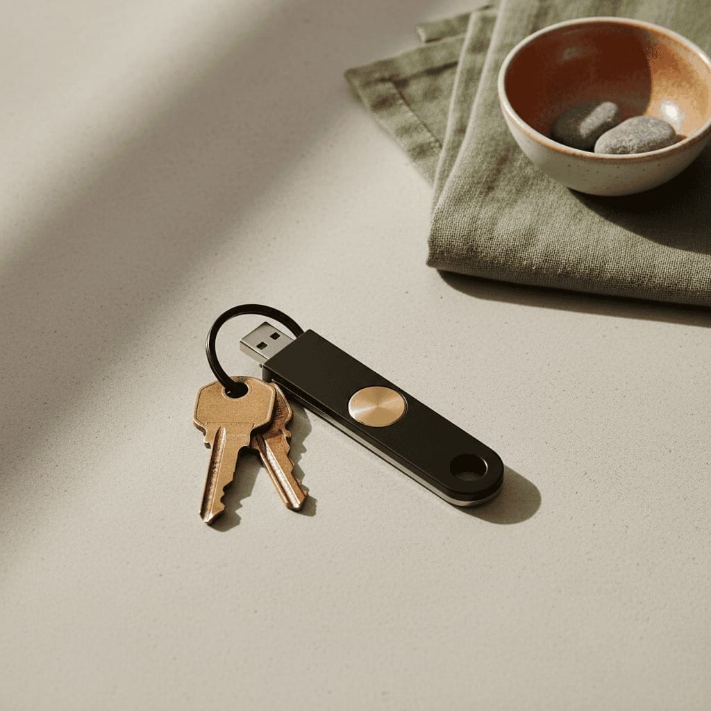 Fysisk sikkerhedsnøgle med USB-stik på en nøglering sammen med to husnøgler