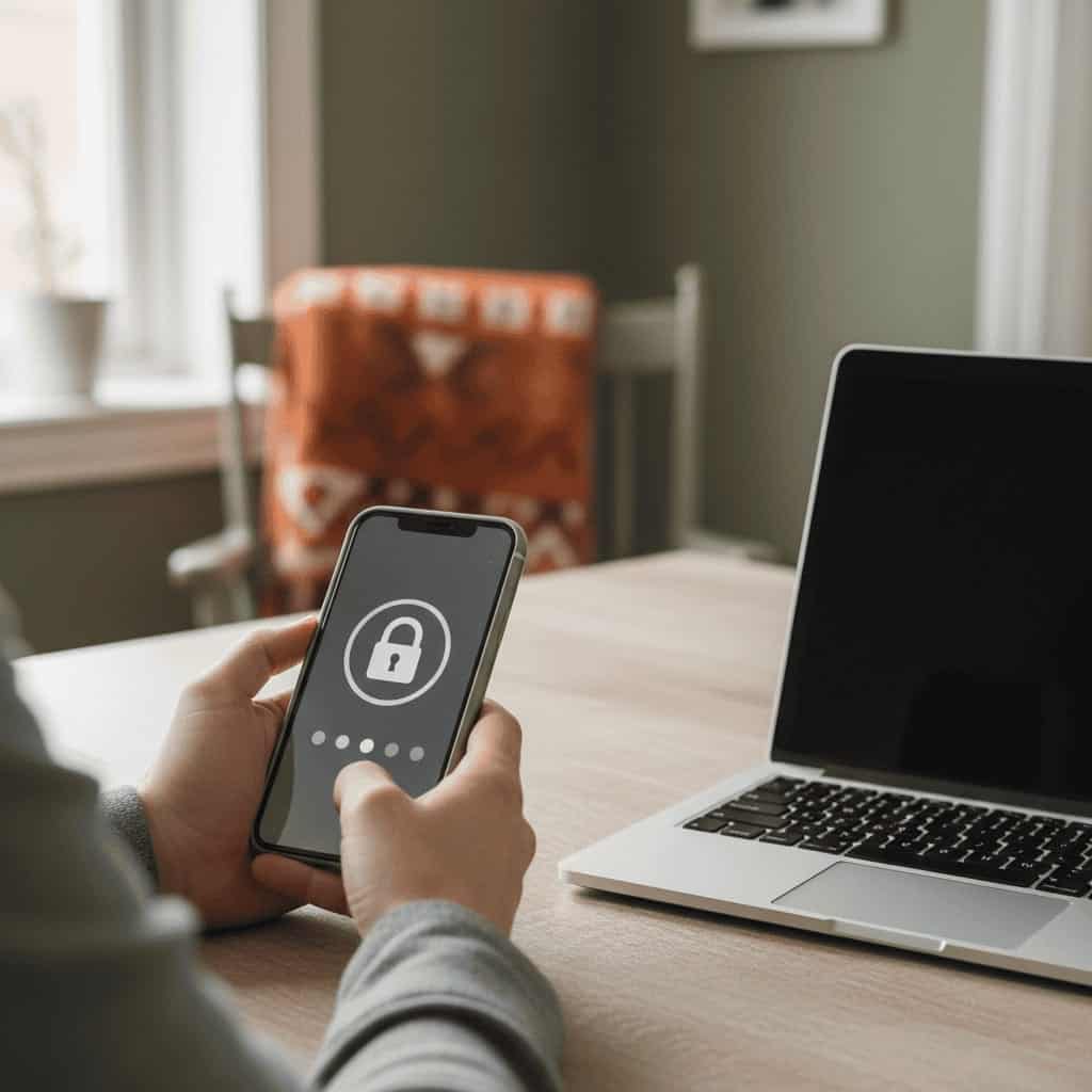 Hænder der holder en mobiltelefon med en hængelås og kodefelt på skærmen