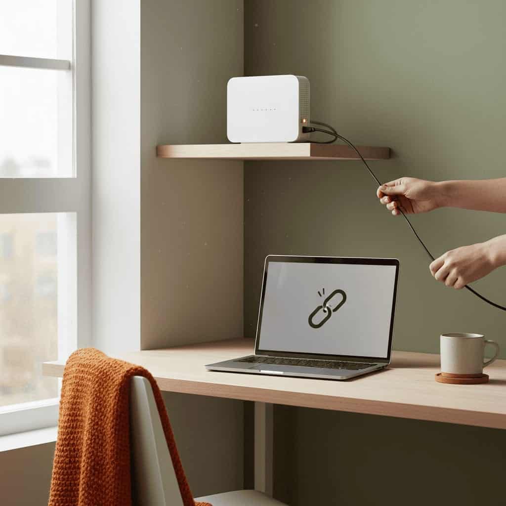 Person der trækker et netværkskabel fra en router på en hylde over et skrivebord