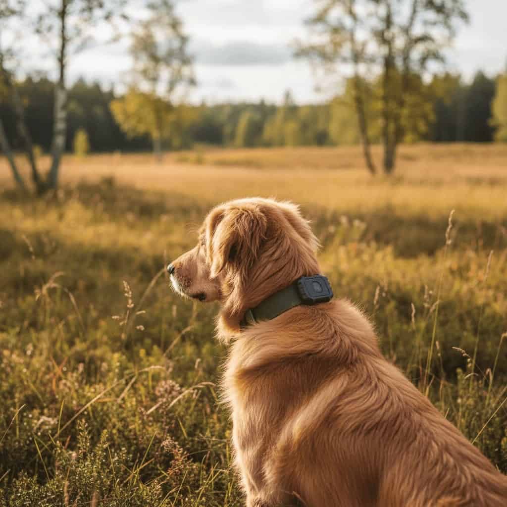 Hund med en GPS-tracker på halsbåndet sidder på en eng ved skovkanten