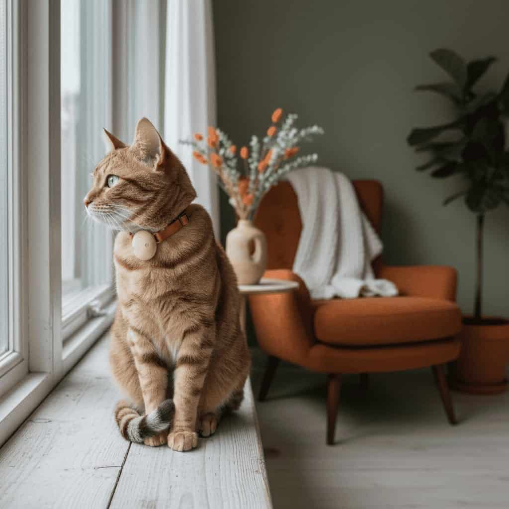 Kat med en lille GPS-tracker på halsbåndet sidder i en vindueskarm