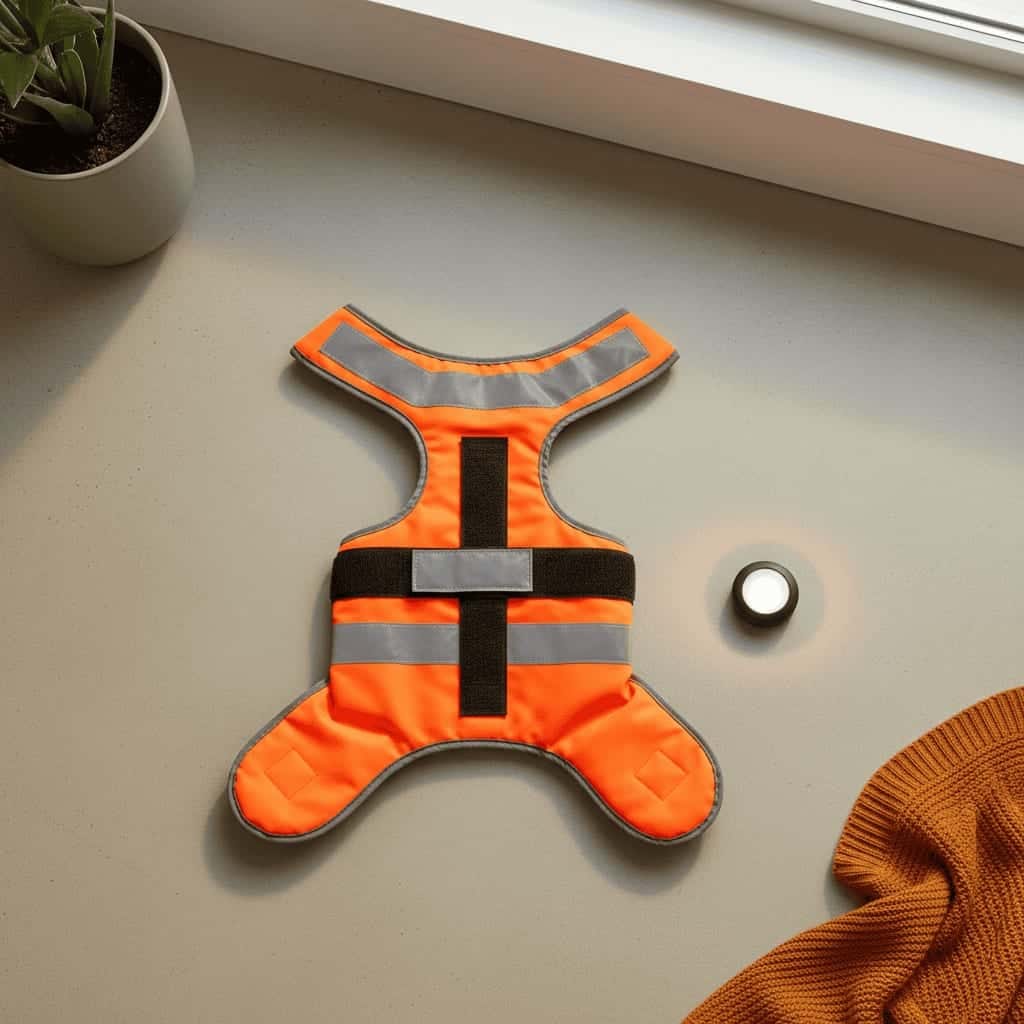 Orange refleksvest til hund med refleksstriber og en lille lygte ved siden af