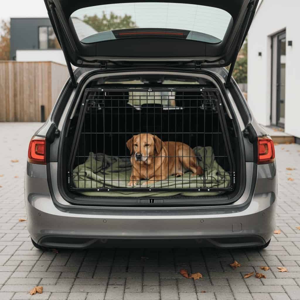 Hund der ligger i et metalbur i bagagerummet på en stationcar