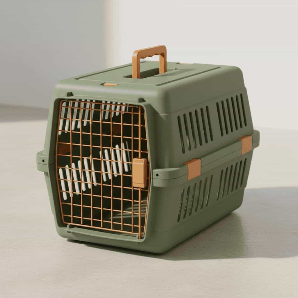 Olivengrøn transportkasse til hund med gitterlåge og håndtag foroven