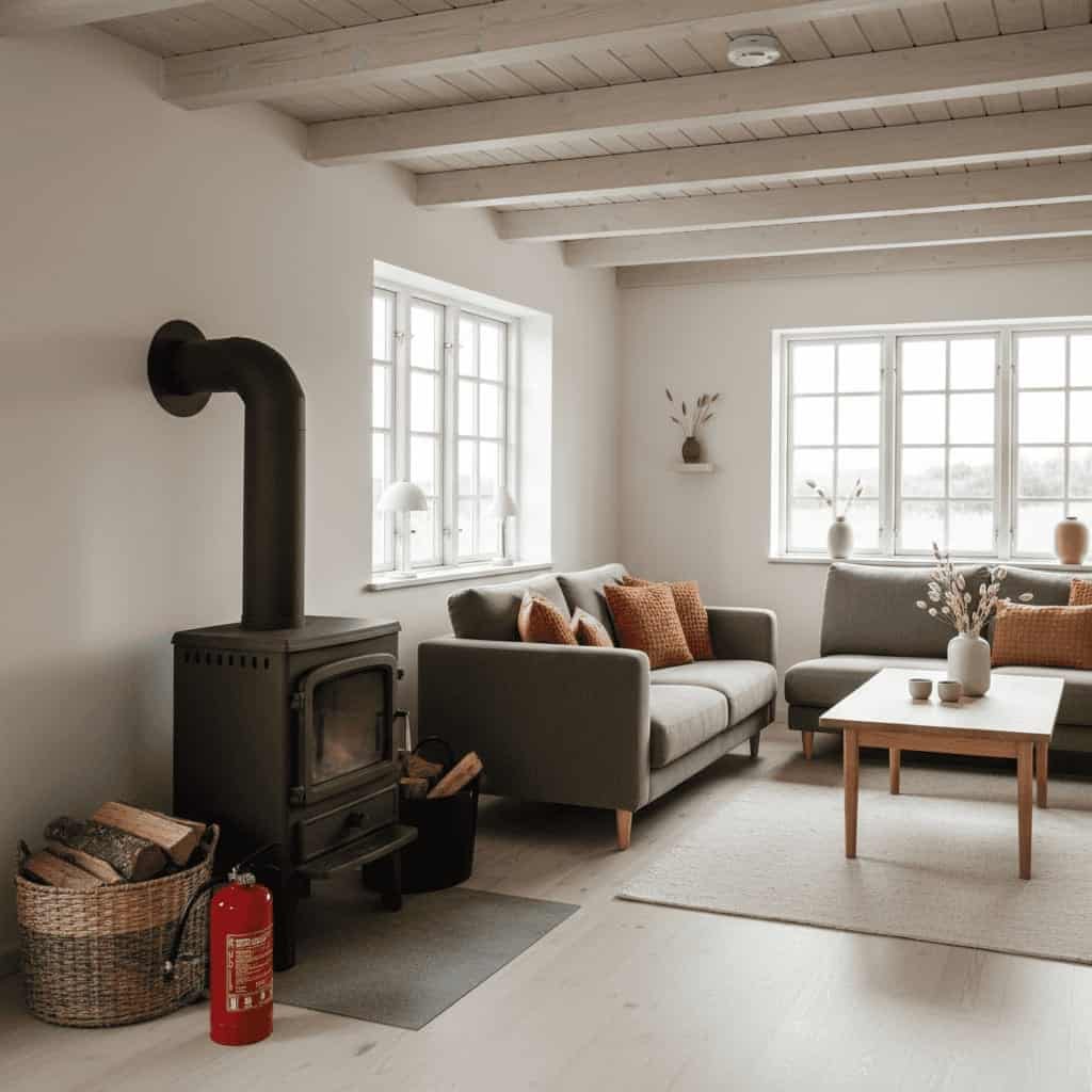 Stue i sommerhus med brændeovn, brandslukker og brændekurv ved siden af sofaen