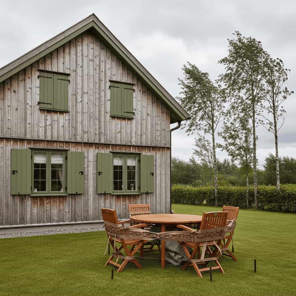 Træsommerhus med grønne skodder og havemøbler på plænen mens træerne bøjer i vinden
