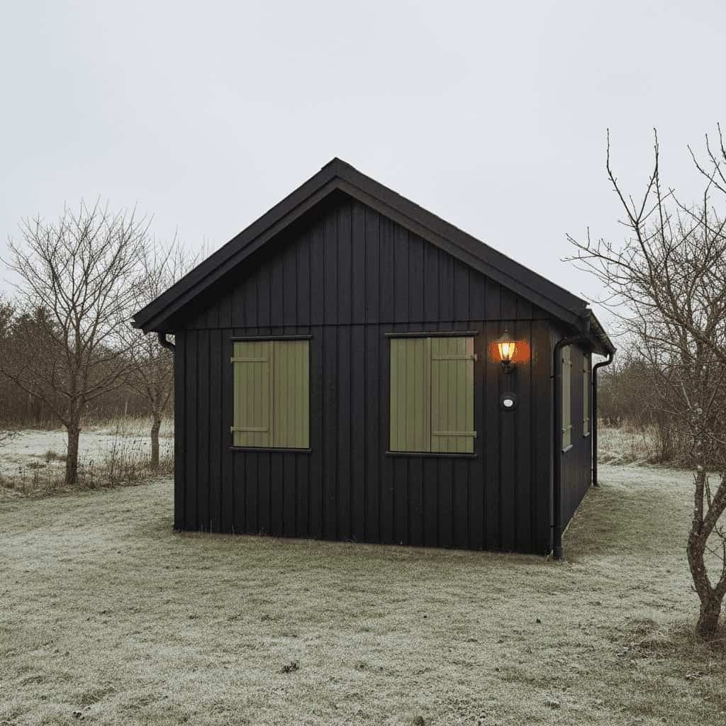 Sort træsommerhus med lukkede grønne skodder og tændt lampe på en frostklar græsplæne