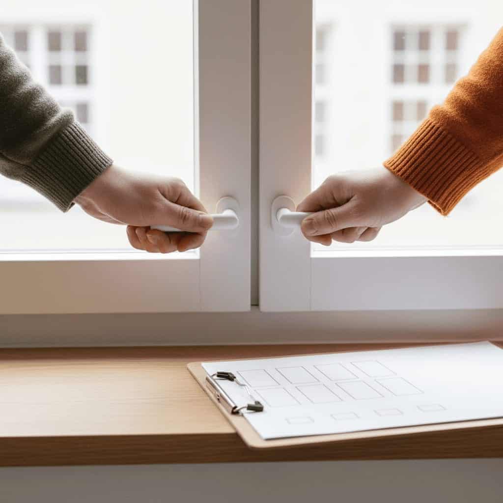 Hænder der tjekker vindueshåndtag over et clipboard med en tom tjekliste