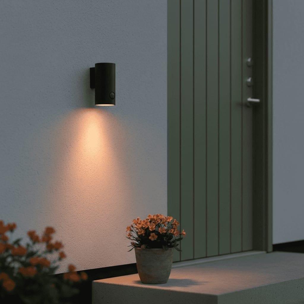 Udendørslampe med bevægelsessensor der lyser ned over en grøn hoveddør