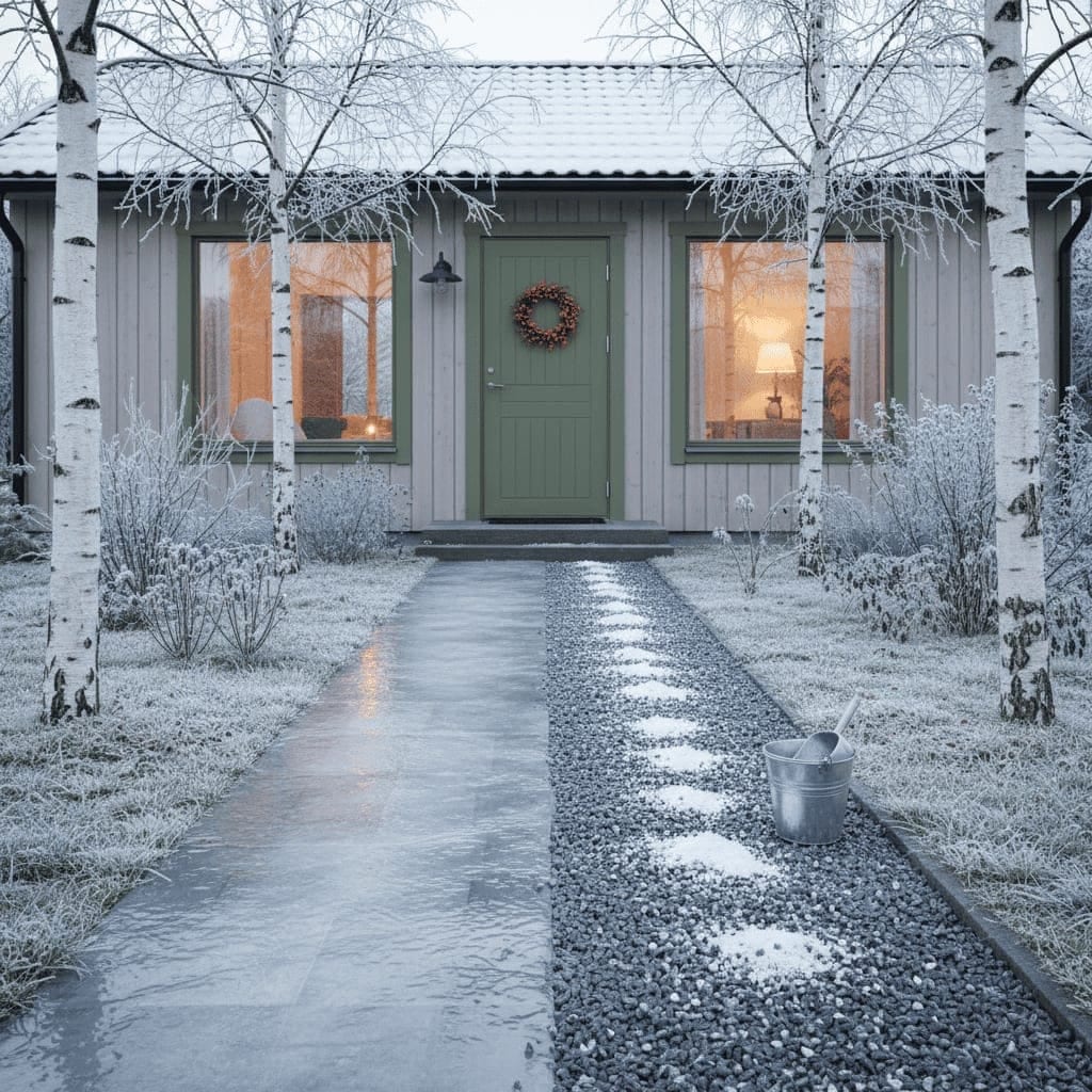 Gangsti med grus og salt op til et hus i rimfrost med birketræer