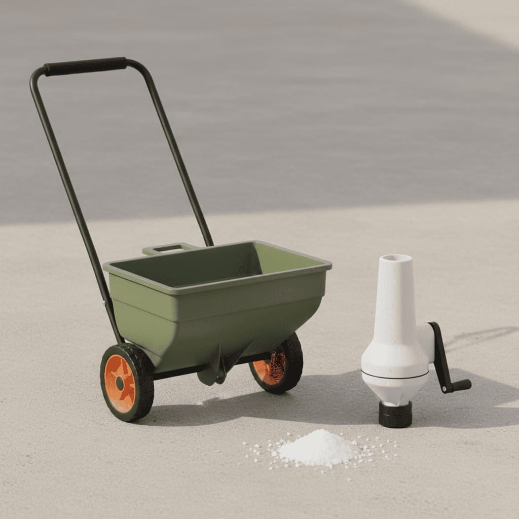 Saltspreder på hjul og en håndholdt saltspreder med en lille bunke salt