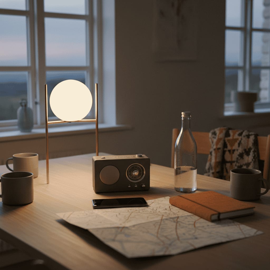 Køkkenbord i skumringen med batteriradio, mobiltelefon, foldet kort, vandflaske og lampe