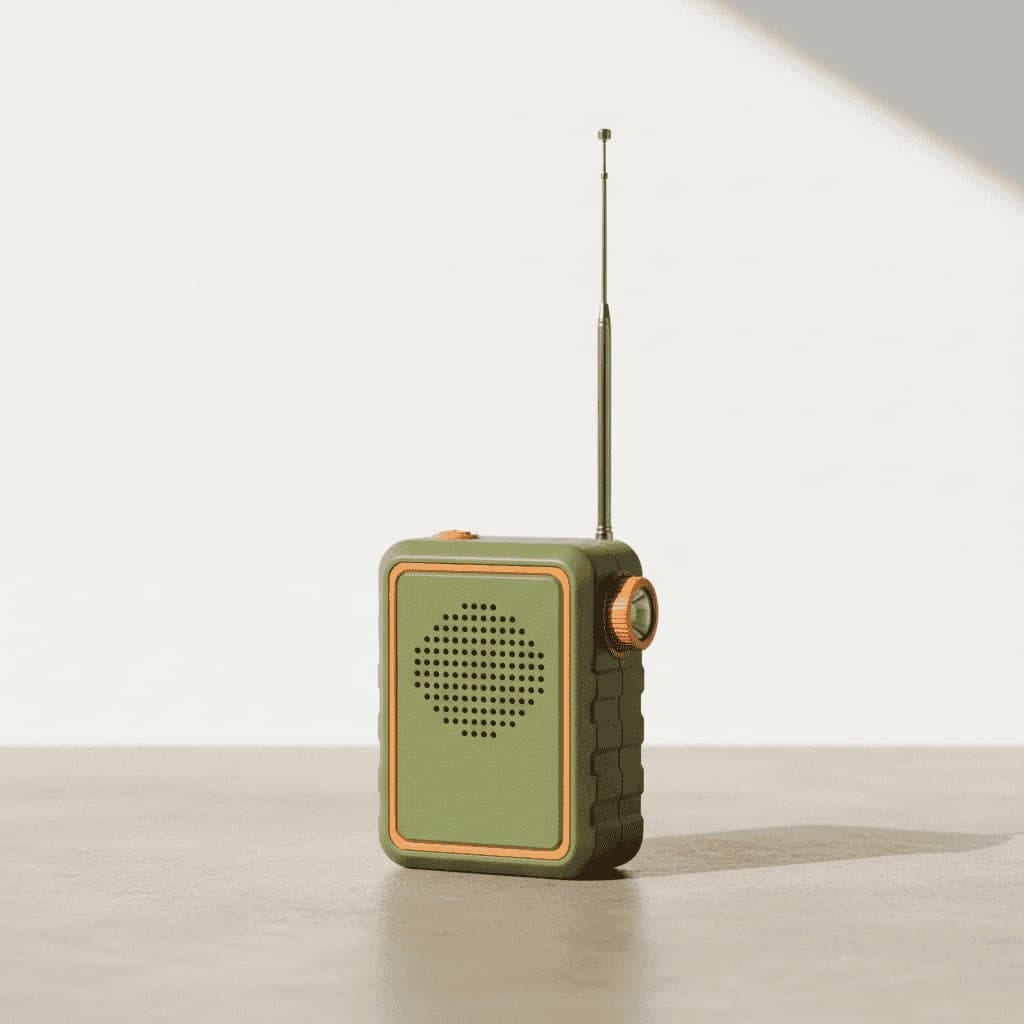 Kompakt grøn nødradio med højttaler, udtrukket teleskopantenne og indbygget lommelygte i siden